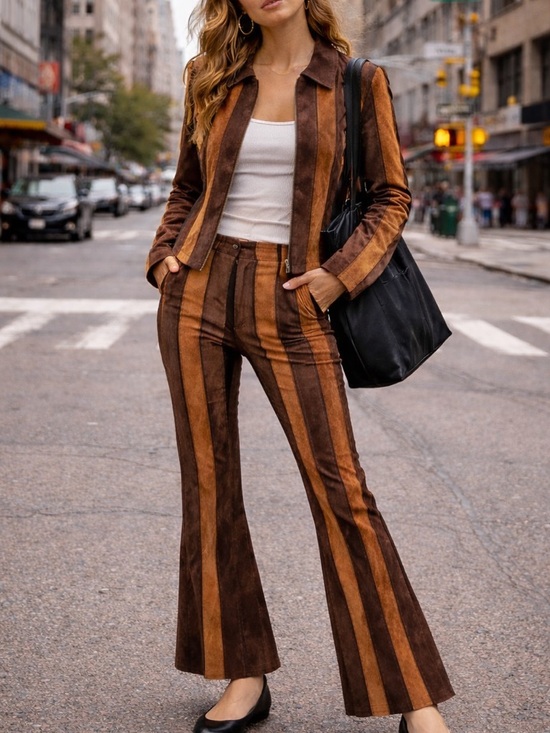 Vintage Pants - VINTAGE Y2K Genuine Suede Stripe Matching Set Large Flare Boho Desert City Chic